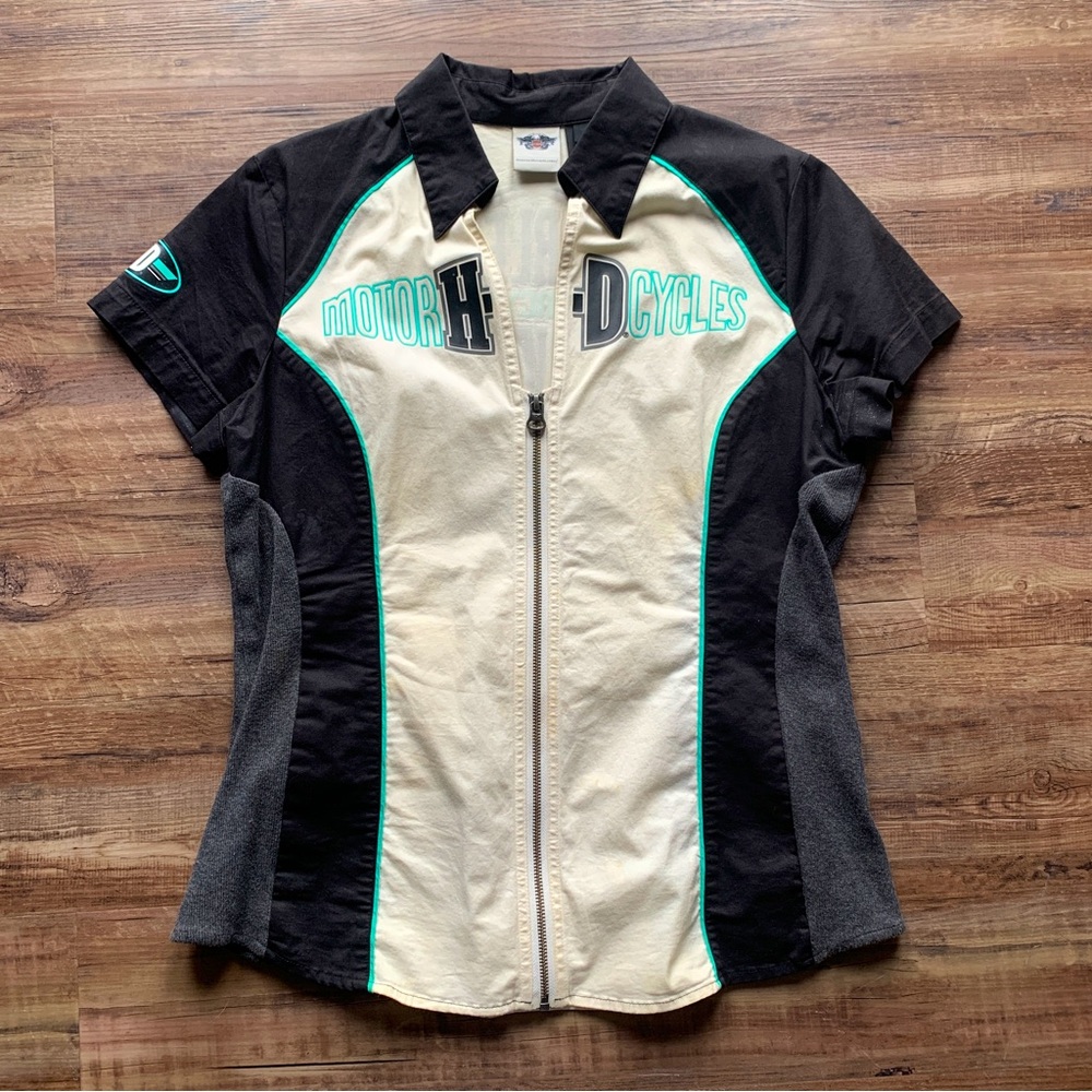Harley Davidson Women’s Collared Elemental Zip Black & White Shirt Size Large